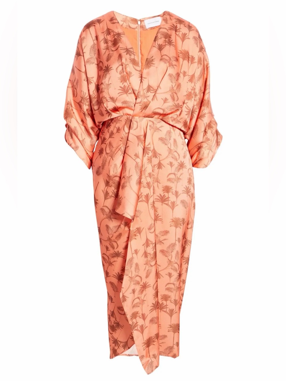Peach Printed Satin Kimono Dress with Self Tie